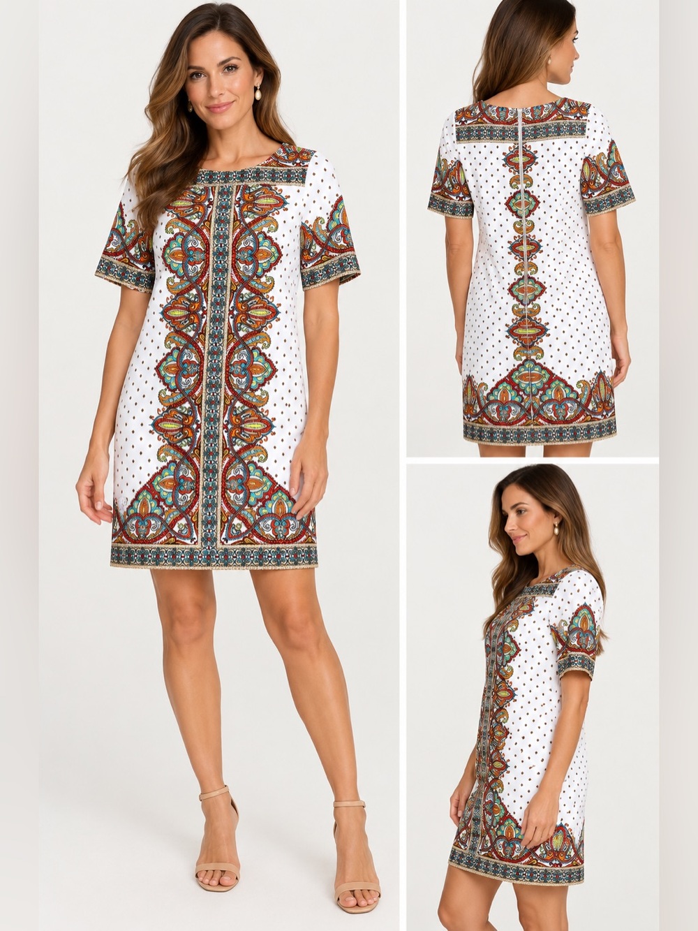 Antonio Melani Paisley Print Shift Dress White Multicolor Size M
